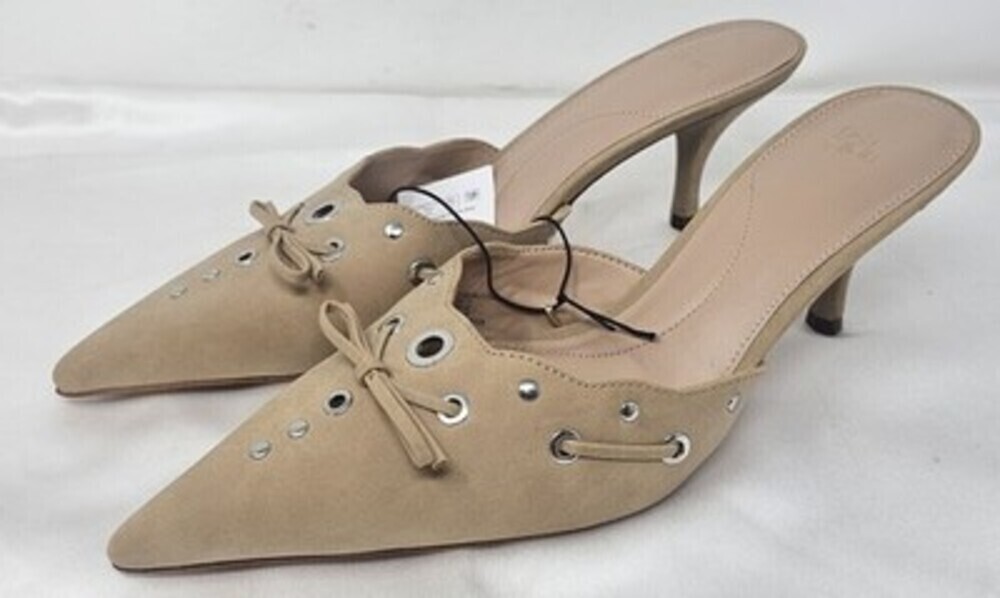 Time and Tru Women's Studded Kitten Heel Mules Tan Faux Suede Sz 11 Memory Foam